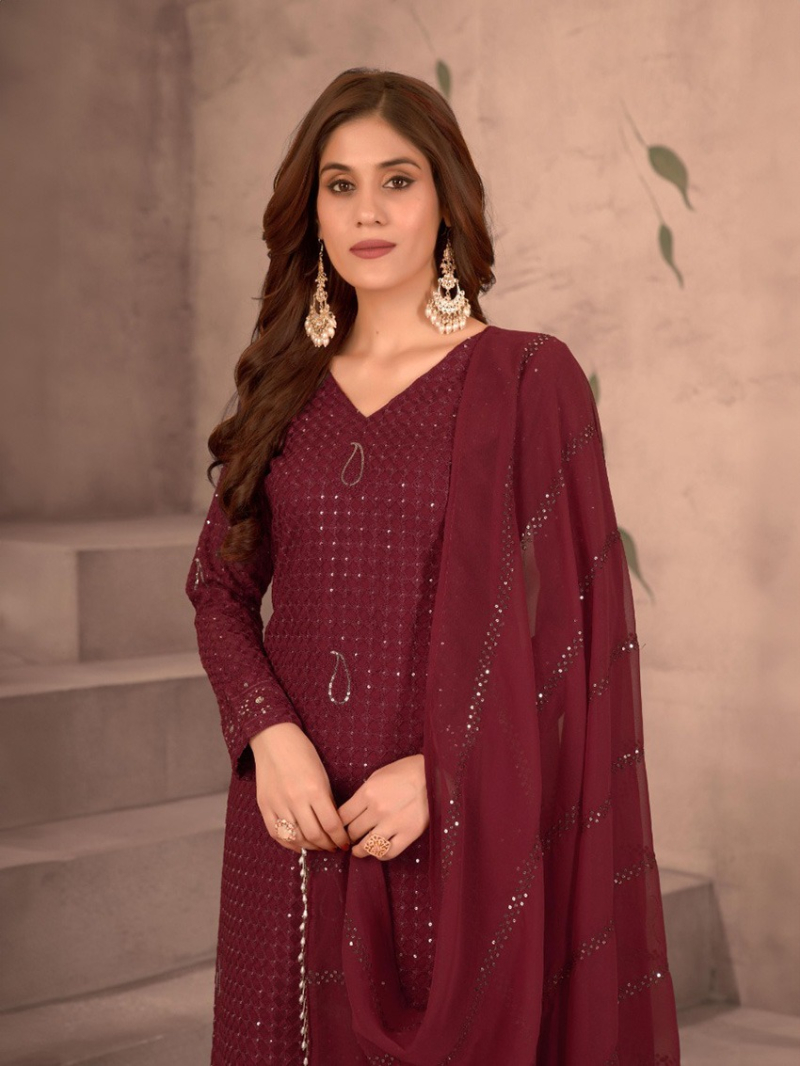 Authentic Elegant Maroon Georgette Straight Suit