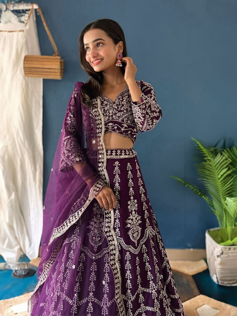 Deep Purple Faux Georgette Lehanga Suit