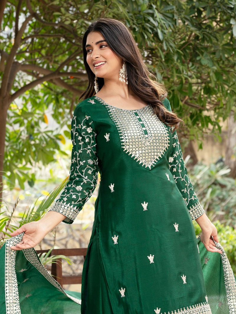 Ethnic Elegant Green Embroidered Chinnon Sharara Suit 