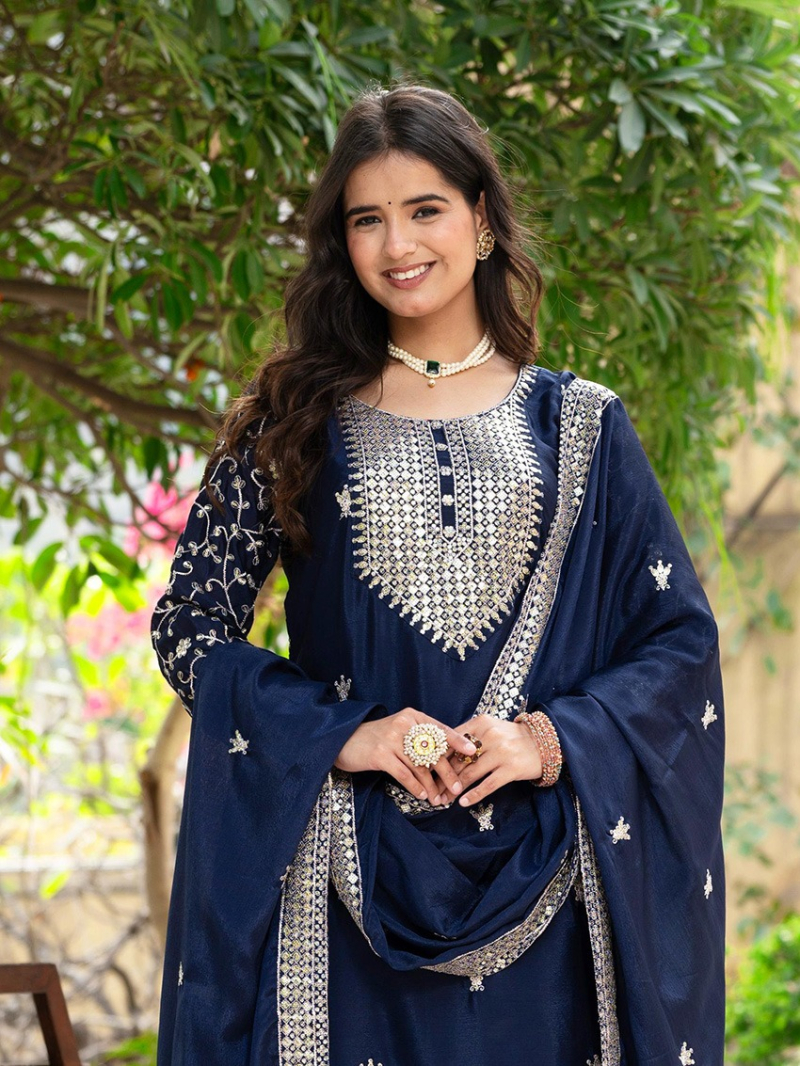 Ethnic Traditional Navy Blue Mirror Embroidered Chinnon Sharara Suit