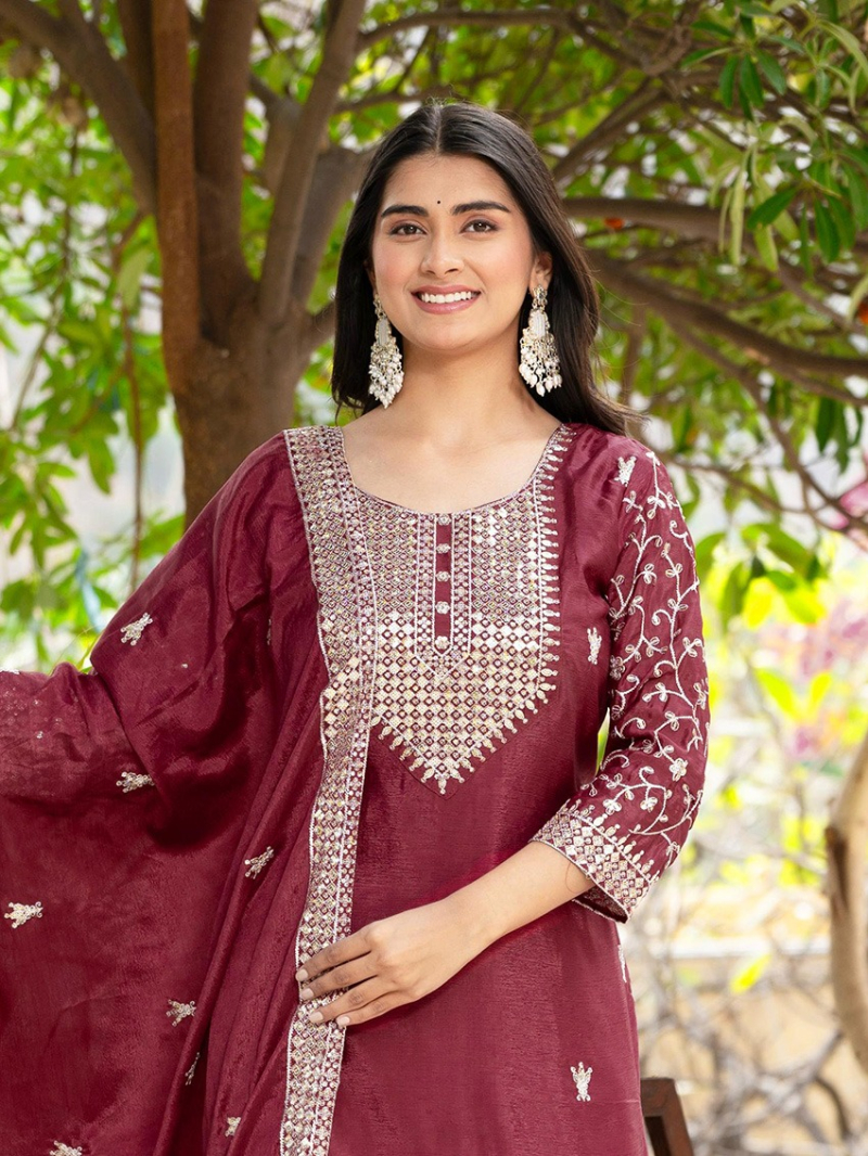Traditional Elegant Maroon Chinnon Silk Sharara Suit