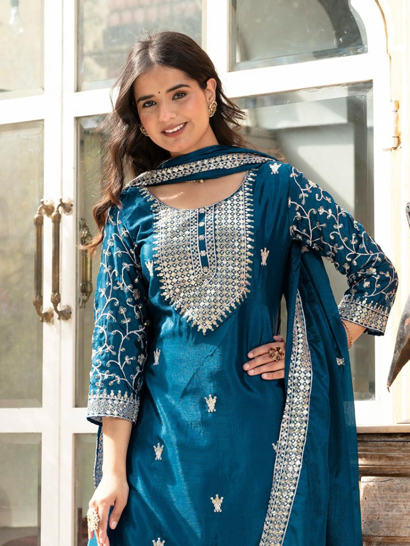 Authnic Elegant Teal Blue Chinnon Embroidered Sharara Suit