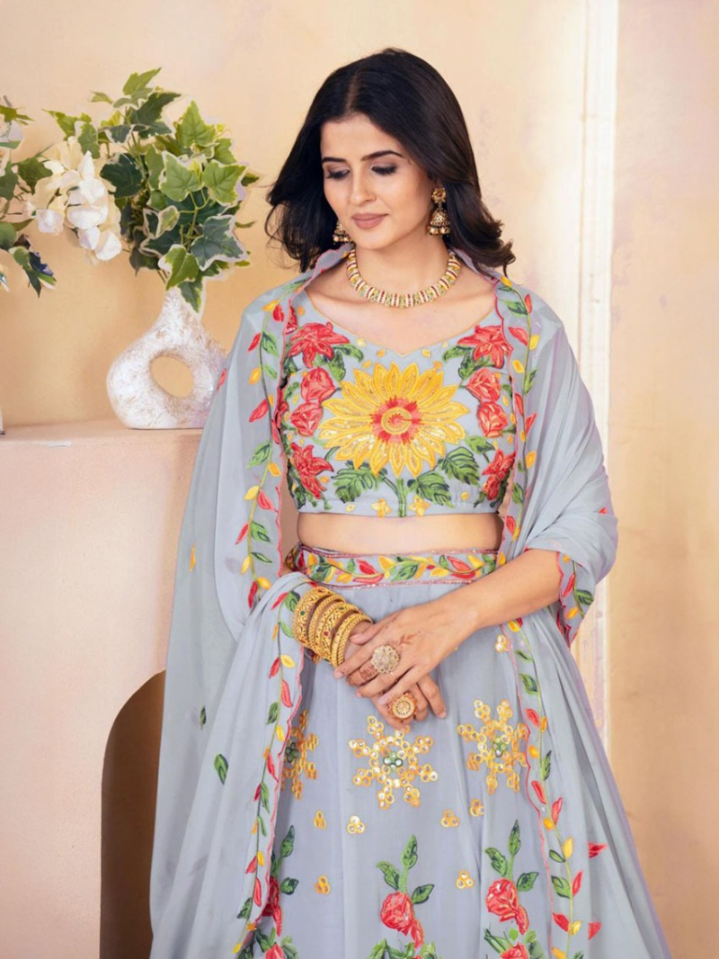 Authentic Faux Georgette Grey Lehanga Suit