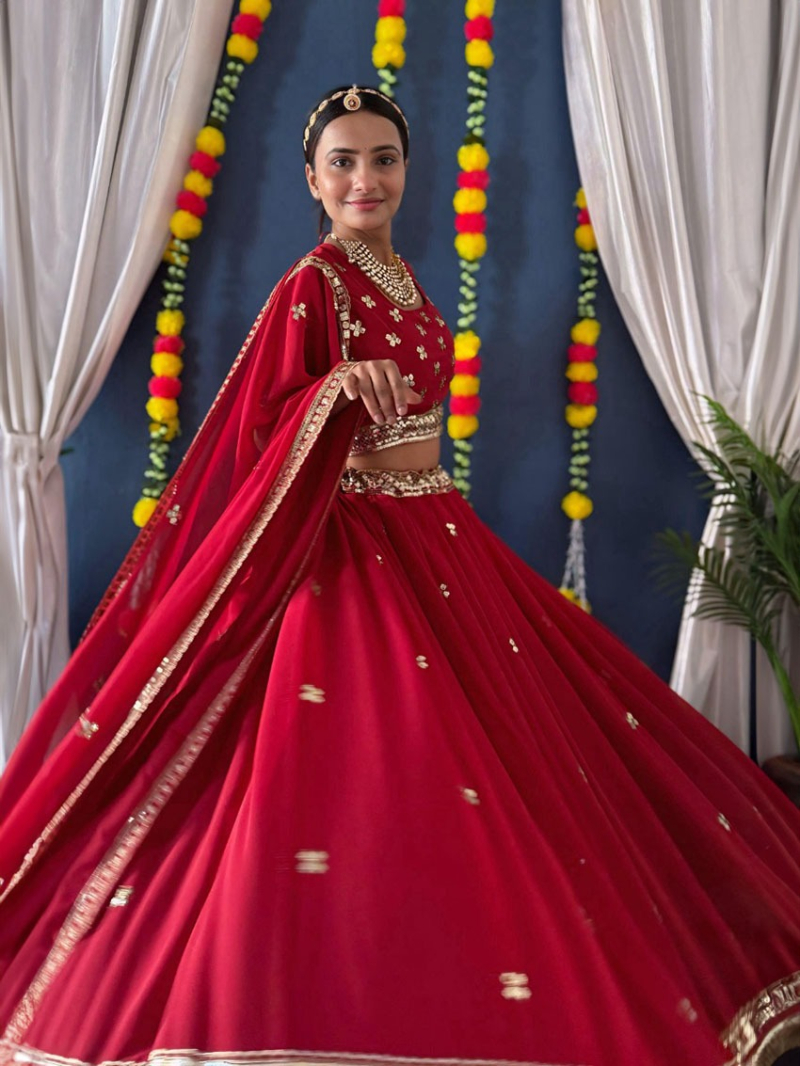 Festive Wear Faux Georgette Maroon Lehanga Suit