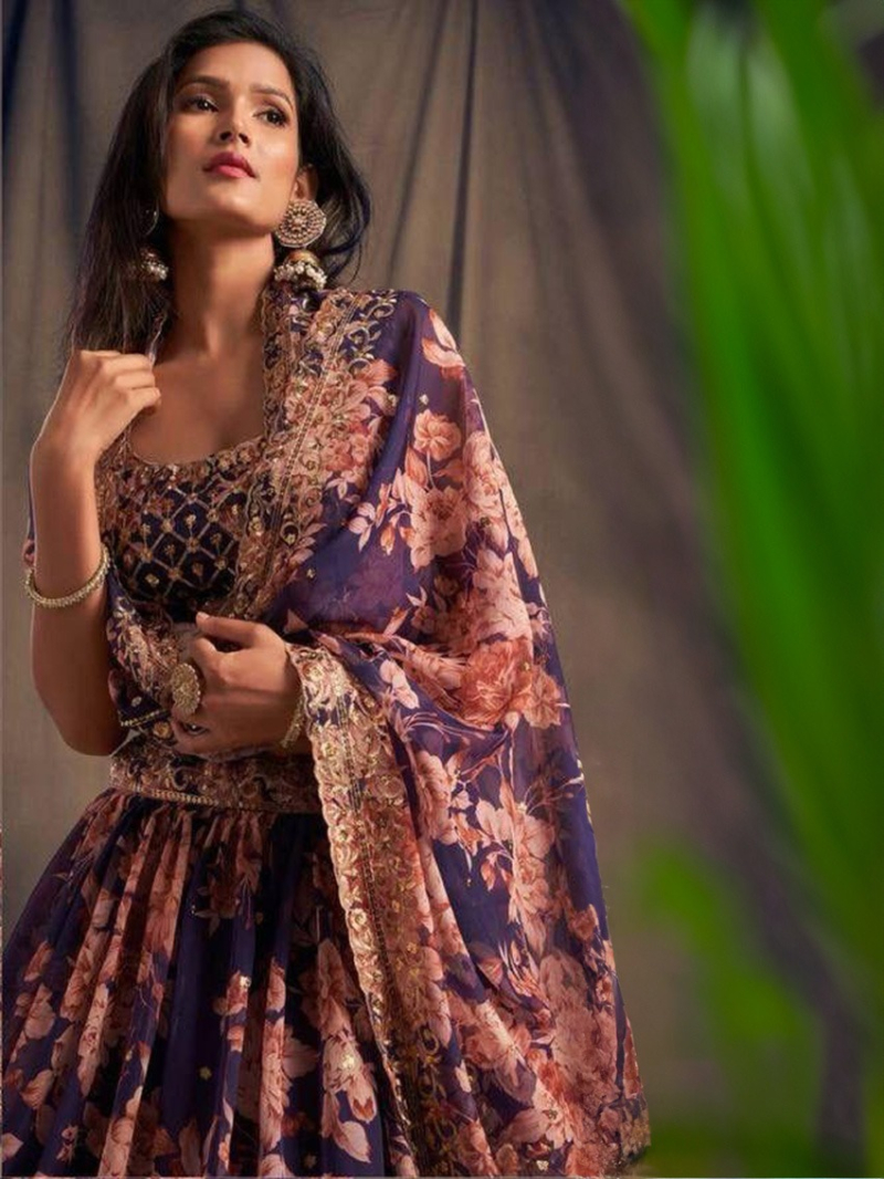 Elegant Festive Purple Floral Embroidered Faux Georgette Lehanga Suit