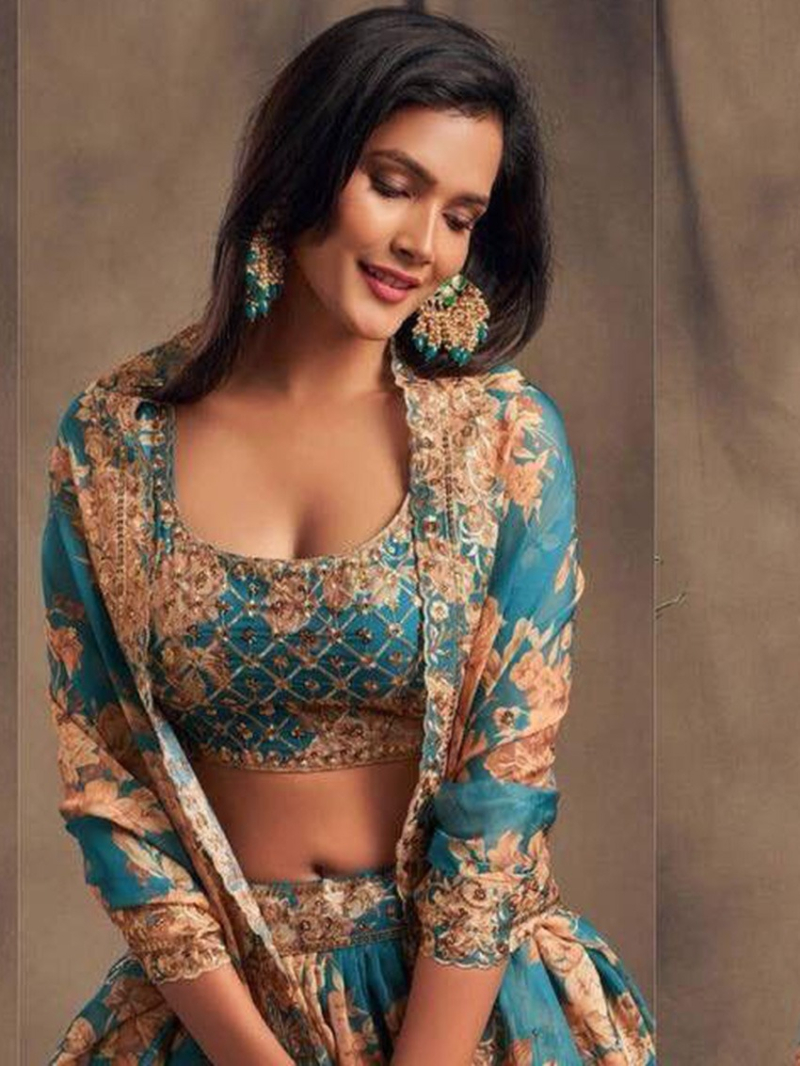 Elegant Teal Green Floral Embroidered Lehanga Suit