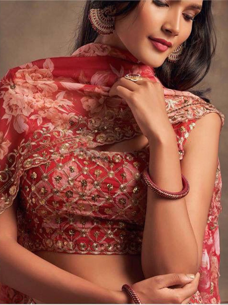 Ethnic Festive Crimson Red Floral Embroidered Lehanga Suit