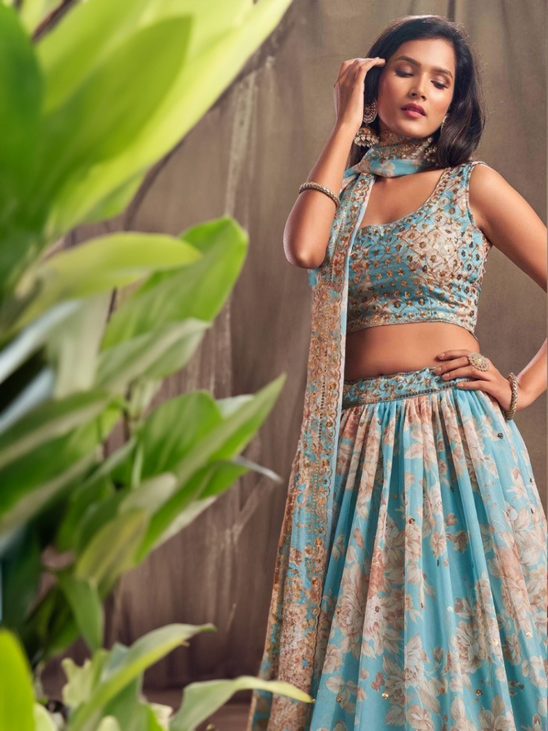Elegant Festive Aqua Blue Floral Embroidered Lehanga Suit