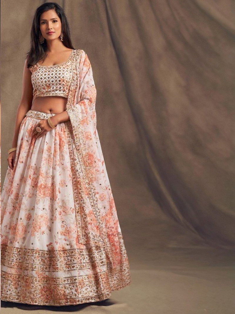 Elegant Ethnic Ivory Peach Floral Printed Lehanga Suit