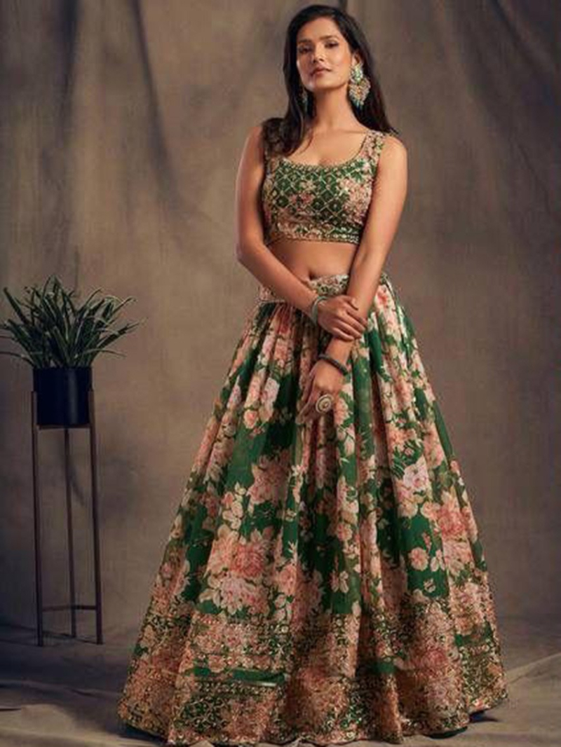 Ethnic Deep Emerald Green Floral Printed Lehanga Suit