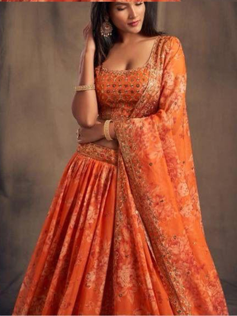 Elegant Vibrant Orange Mirror Work Floral Printed Lehanga Suit