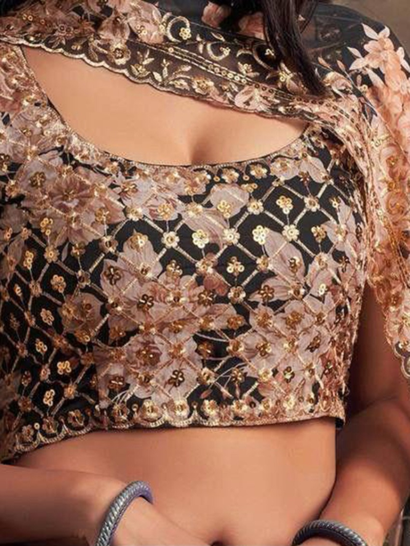 Elegant Ethnic Festive Black Floral Printed Lehanga Suit