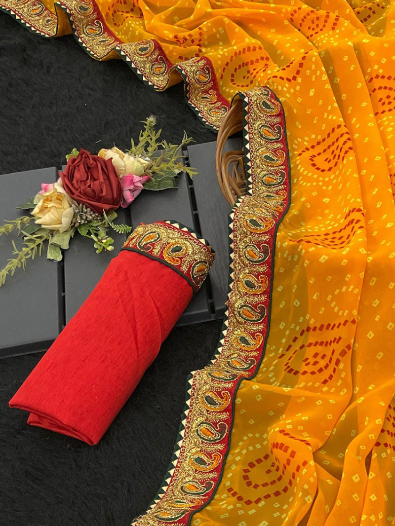 Traditional  Mango Yellow Bandhani Viscose Georgette Saree