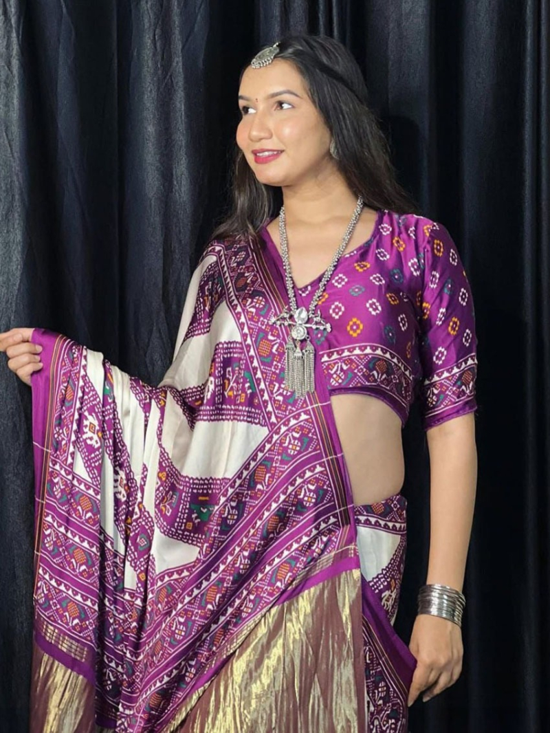 Ethnic Elegant Traditional Purple & white Pure Gajji Silk Bandhej Saree 