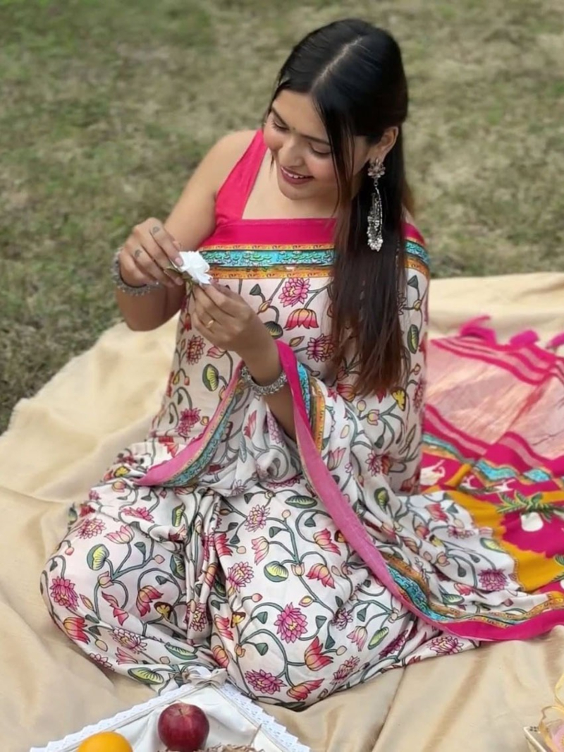 Elegant Causal Festive Off White Pure Gajji Silk Bandhej Saree