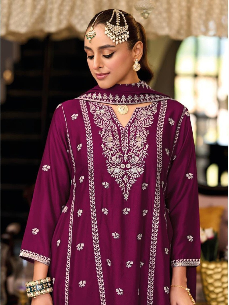 Ethnic Traditional Festive Wine Chinnon Silk Anarkali Suit