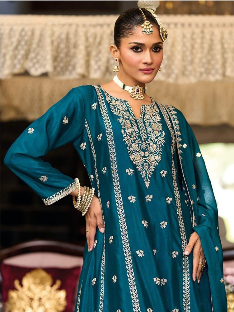 Elegant Ethnic Traditional Teal Blue Chinnon Embroidered Straight Suit