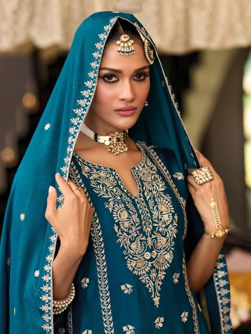 Ethnic Festive Teal Blue Chinnon Silk Anarkali Suit