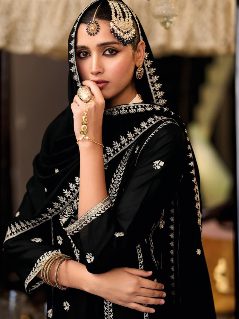Elegant Traditional Black Chinnon Embroidered Straight Suit
