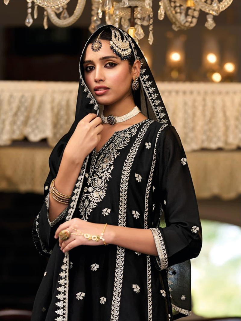 Authentic Festive Black Chinnon Silk Aanarkali Suit
