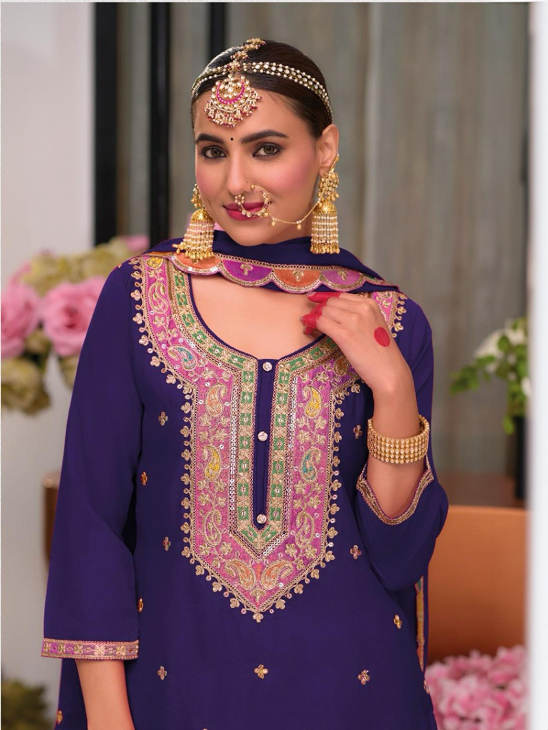 Traditional Ethnic Purple Chinnon Silk Plazo Suit
