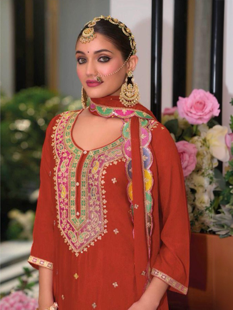 Ethnic Elegant Festive Burnt Orange Chinnon Silk Plazo Suit