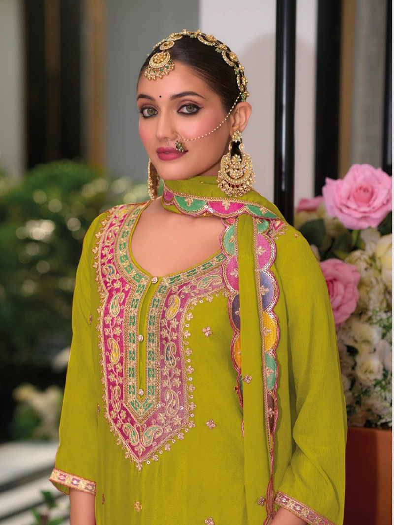 Elegant Ethnic Festive Lime Green Chinnon Silk Anarakali Suit