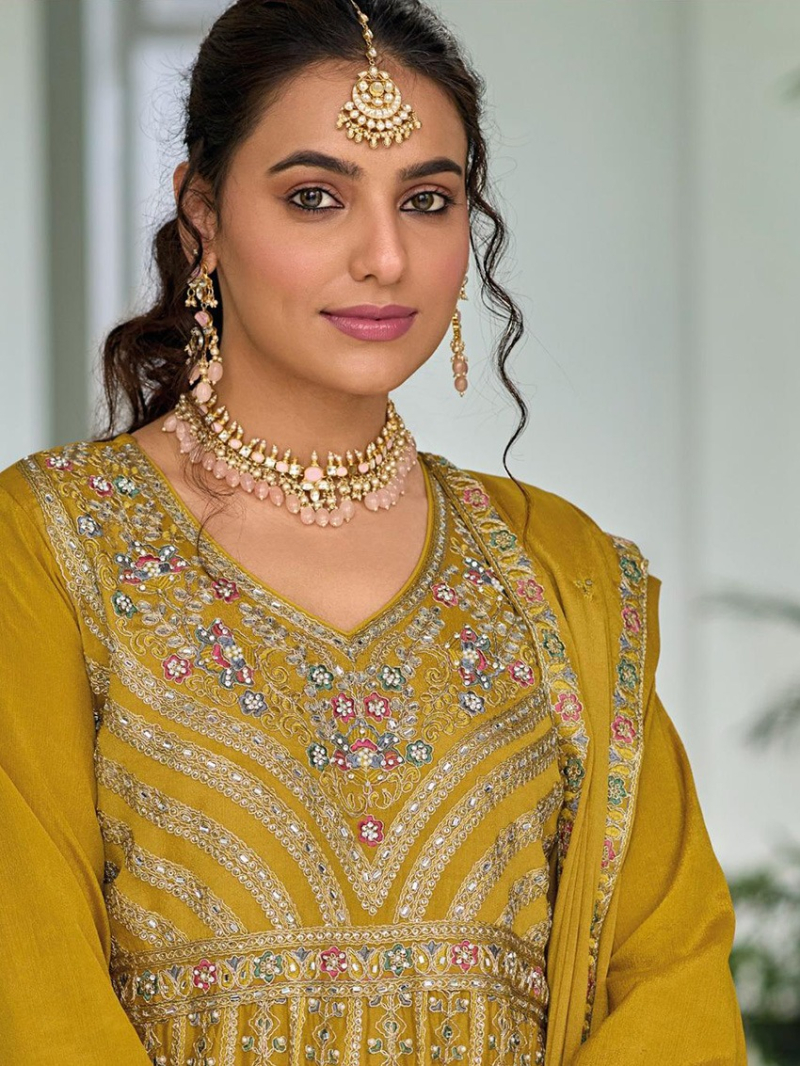 Ethnic Traditional Mustard Yellow Embroidered Chinnon Plazo Suit