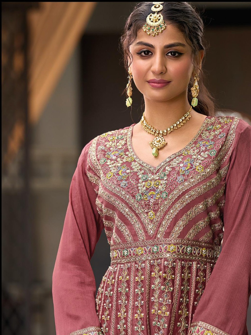 Authentic Ethnic Dusty Rose Pink Embroidered Chinnon Plazo Suit