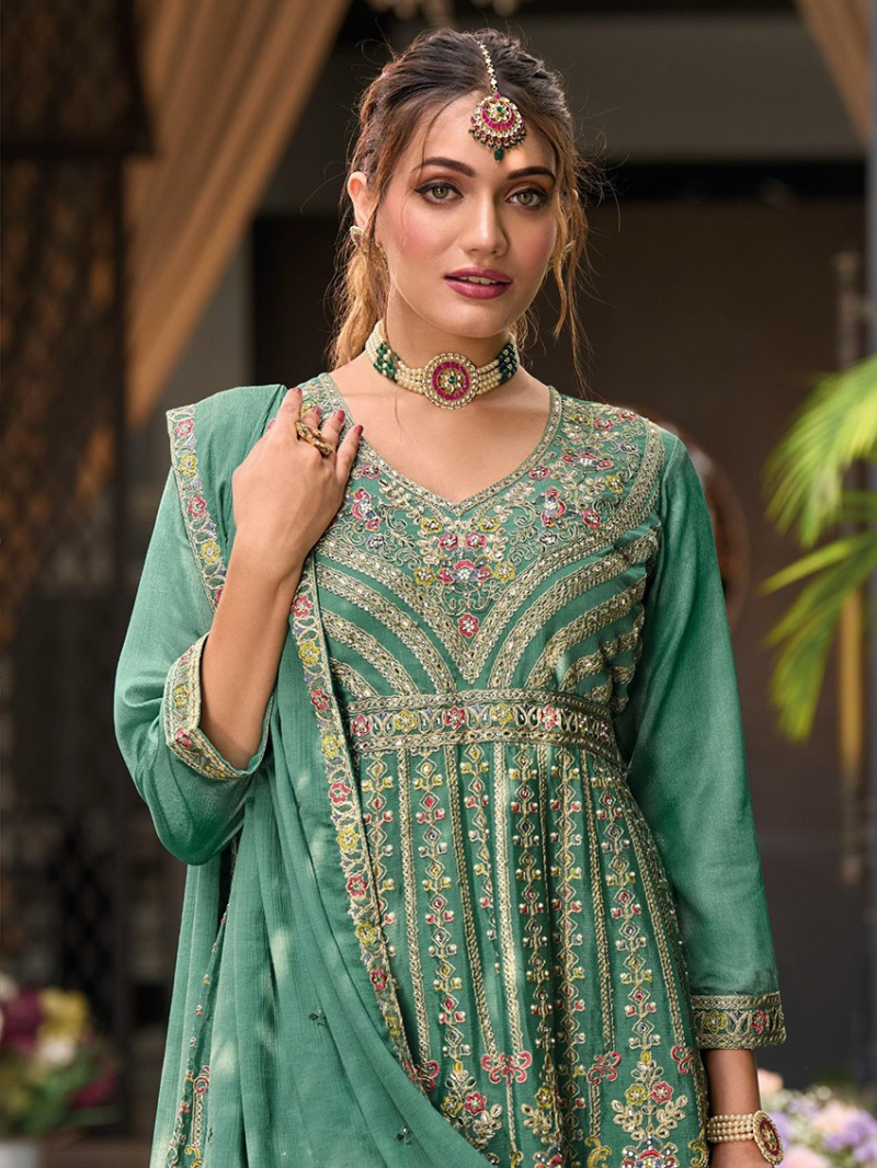 Elegant Ethnic Pastel Green Embroidered Chinnon Plazo Suit