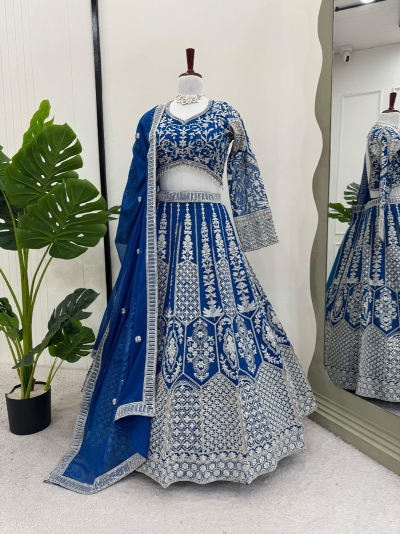 Designer Traditional Royal Blue Faux Georgette lehanga Suit