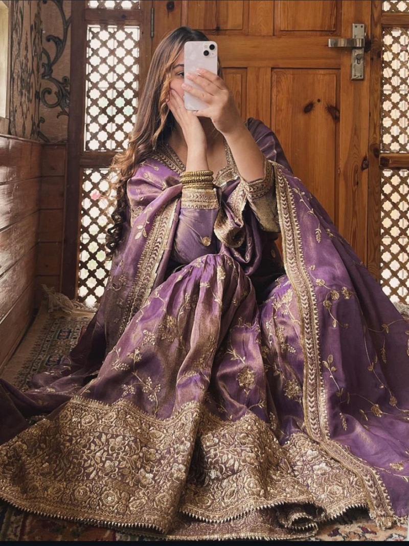 Ethnic Elegant Lavender Embroidered Chinnon Sharara Suit