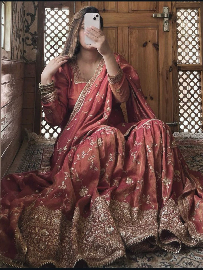 Ethnic Traditional Rust Orange Chinnon Silk Sharara Suit
