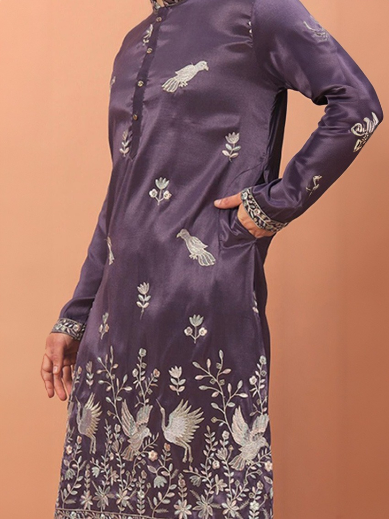 Ethnic Elegant Purple Embroidered Silk Kurta Pajama Set