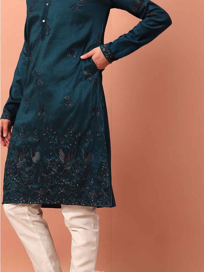 Elegant Ethnic Teal Blue Embroidered Silk Kurta Pajama Set