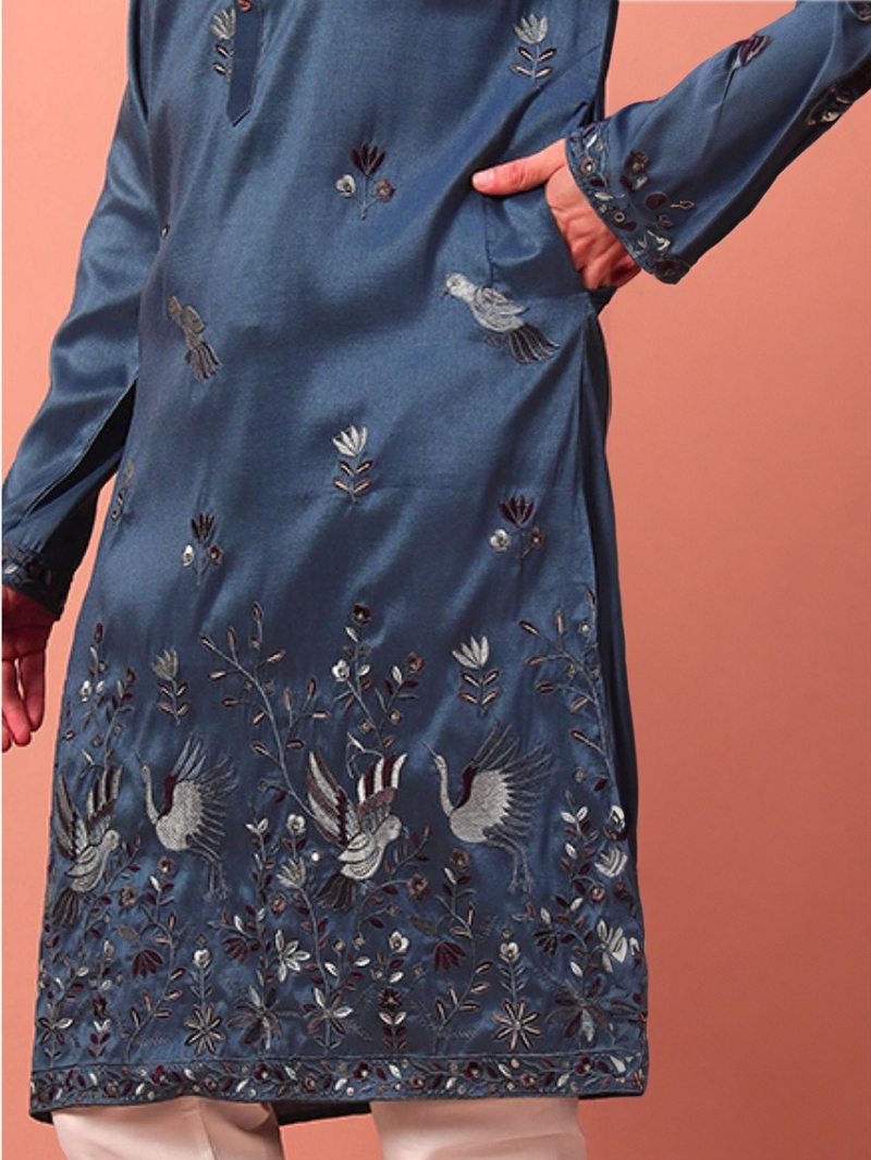 Elegant Ethnic Steel Blue Embroidered Silk Kurta Pajama Set