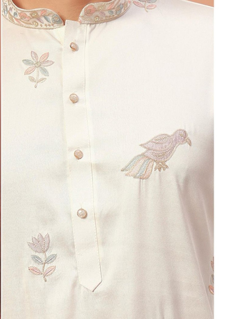Elegant Festive White Embroidered Silk Kurta Pajama Set