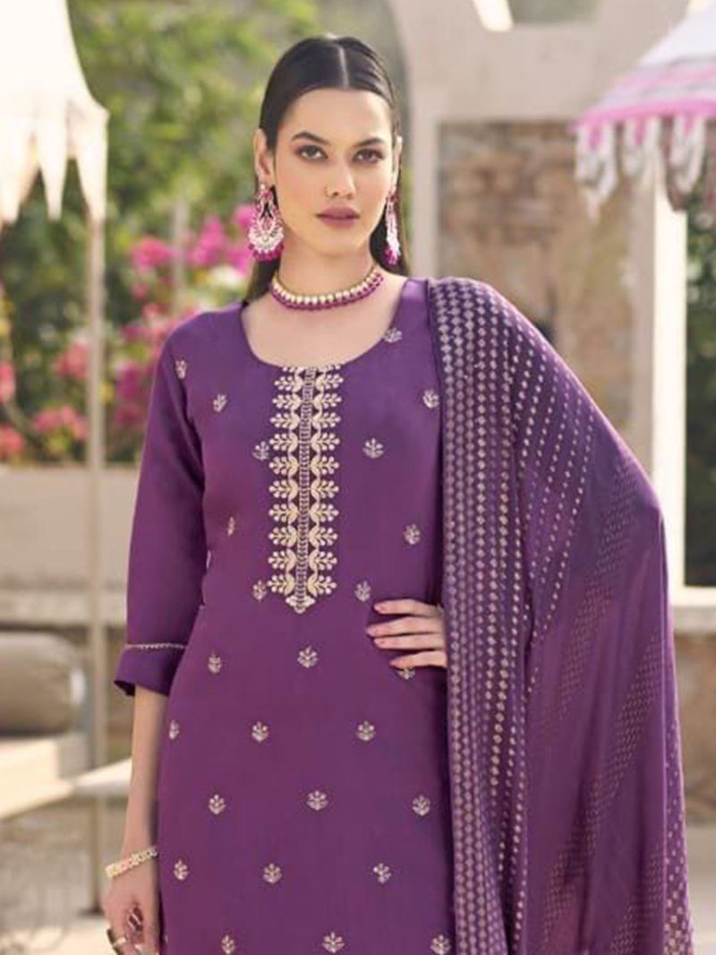 Traditional Ethnic Designer Purple Roman Silk Straight Suit  