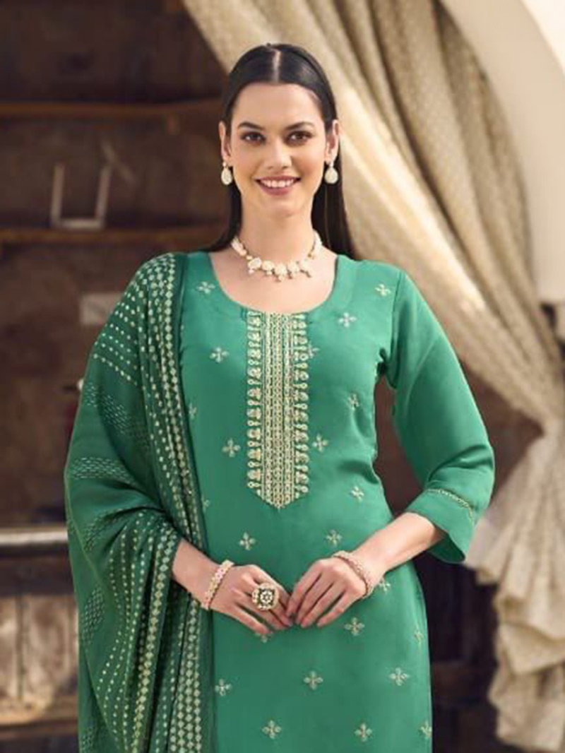 Traditional Elegant Designer Light Green Roman Silk Straight Suit