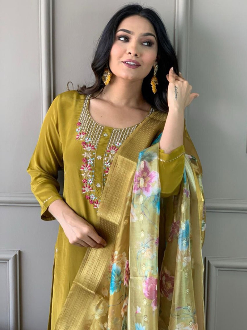 Elegant Ethnic Mehandi Green  Roman Silk Straight Suit