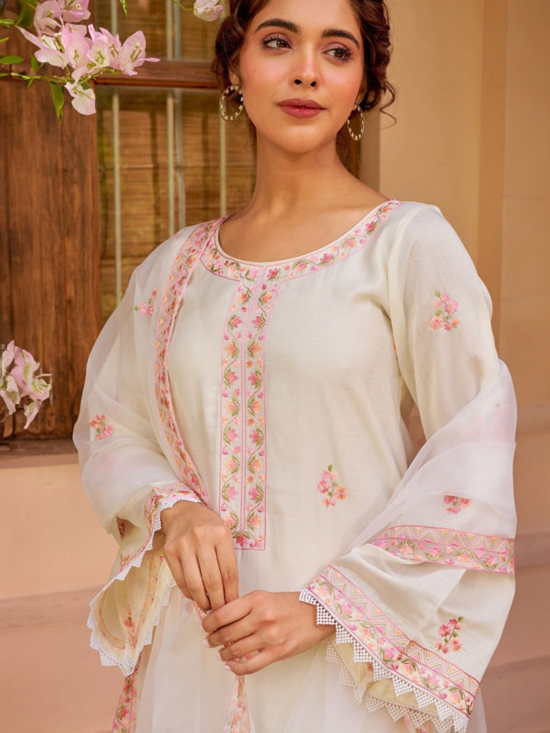 Elegant Ivory White Pink Embroidery Chanderi Silk Plazo Suit