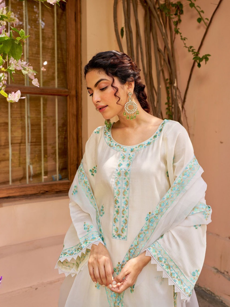 Ethnic Traditional Ivory White Blue Embroidery Chanderi Silk Plazo Suit
