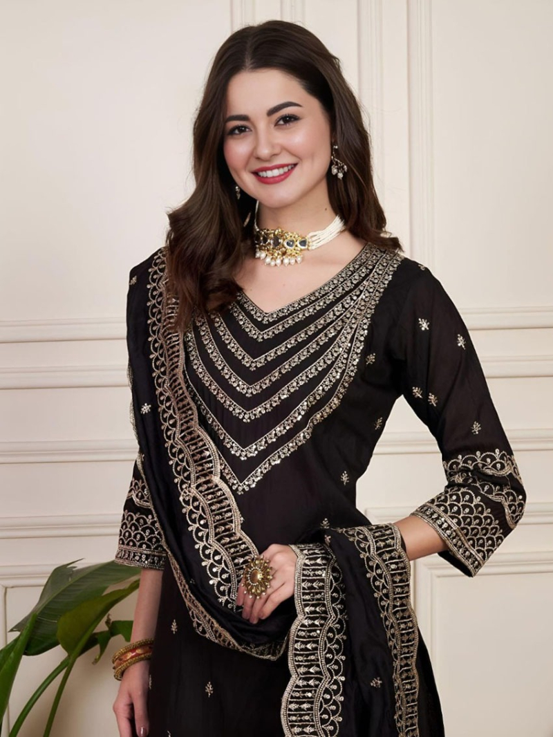 Traditional Ethnic Black Chanderi Silk Straight Suit