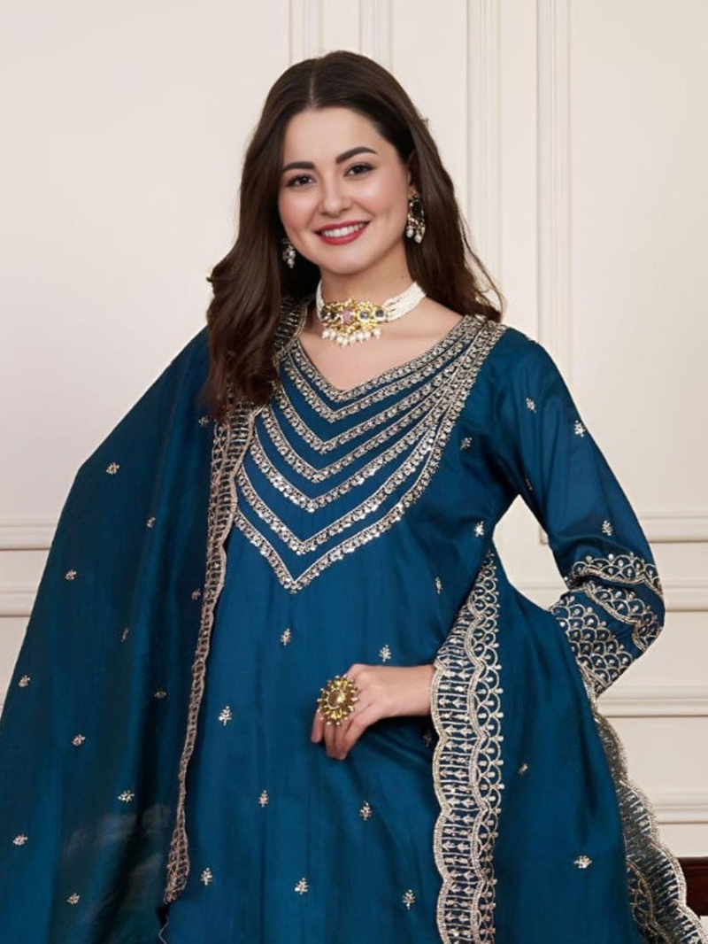 Elegant Traditional Teal Blue Chanderi Silk Straight Suit