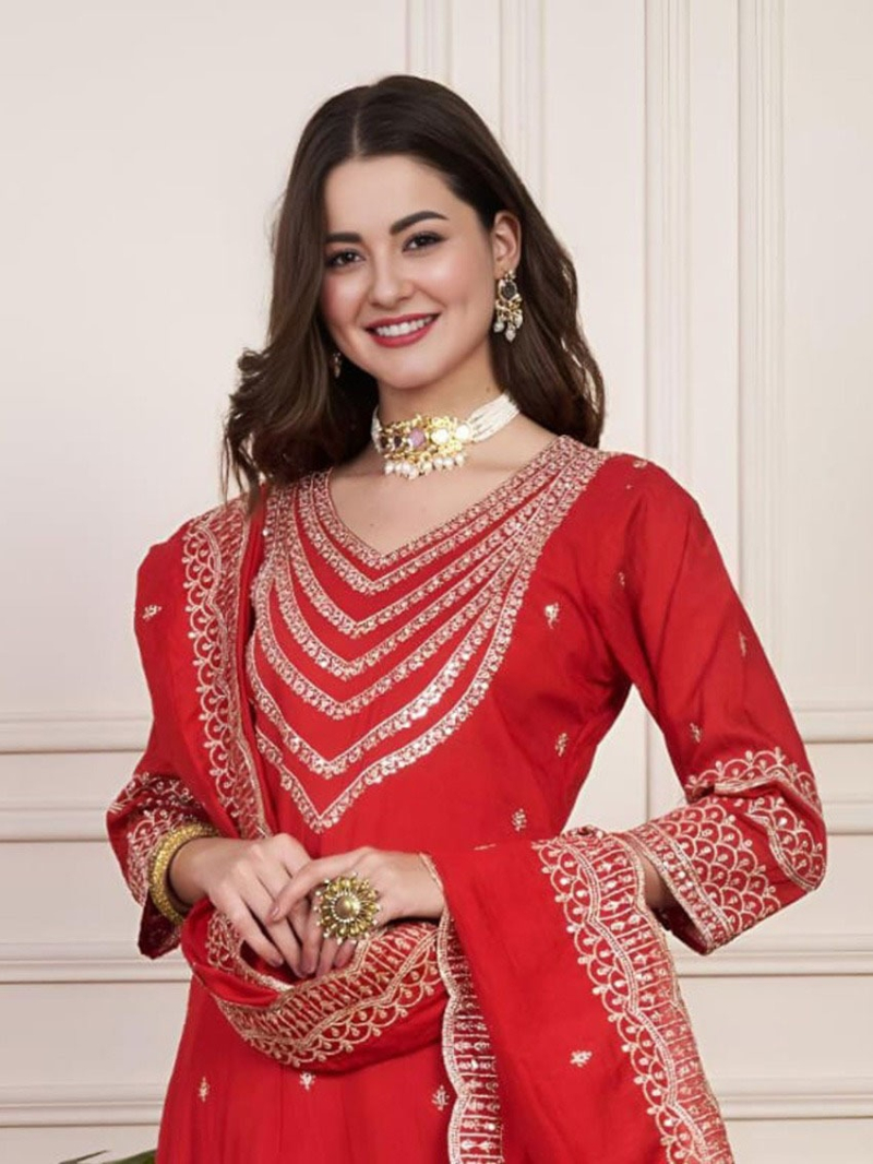 Traditional Elegant Red Chanderi Silk Straight Suit