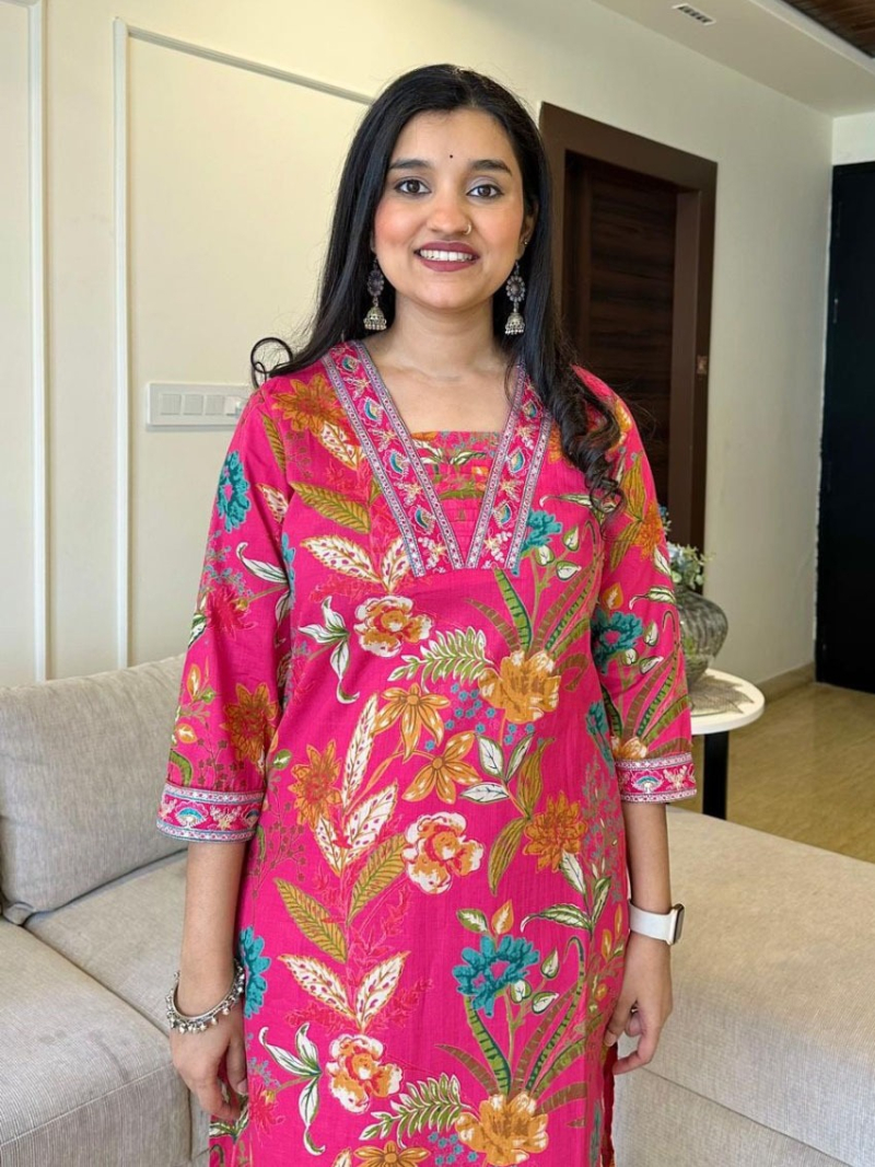 Ethnic Traditional Bright Pink with Multicolor Cotton Straight Suit
