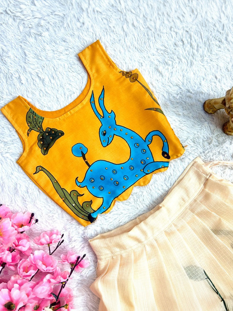 Traditional Festive Off-White and Mustard Lehanga Suit