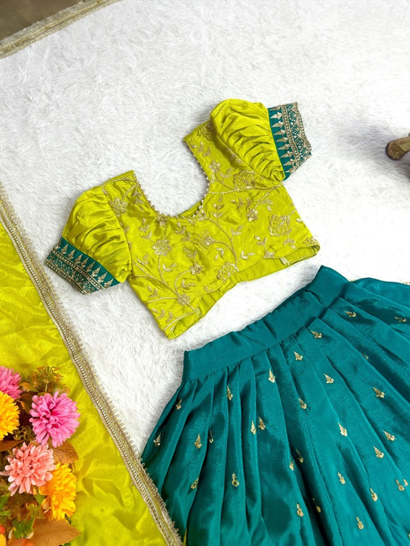 Elegant  Traditional Green & Teal Soft Chinnon Silk Kids Lehanga Suit 