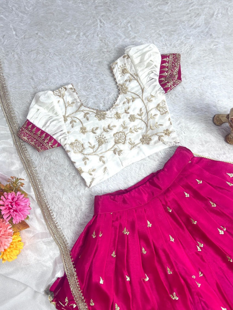 Elegant White and Rani Pink Soft Chinnon Silk Kids Lehanga Suit