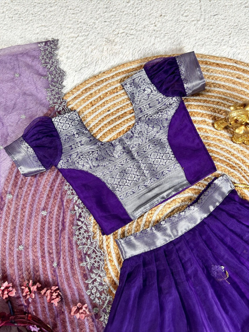 Elegant Traditional  Purple and Silver Dyeable Organza Kids Lehanga Suit